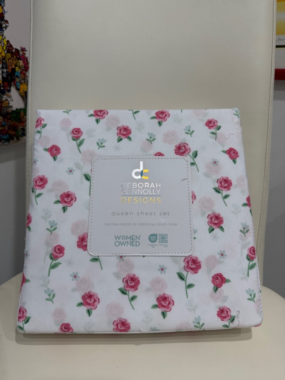 Denorah Connolly White/Pink/Green Rose Print Queen Sheet Set